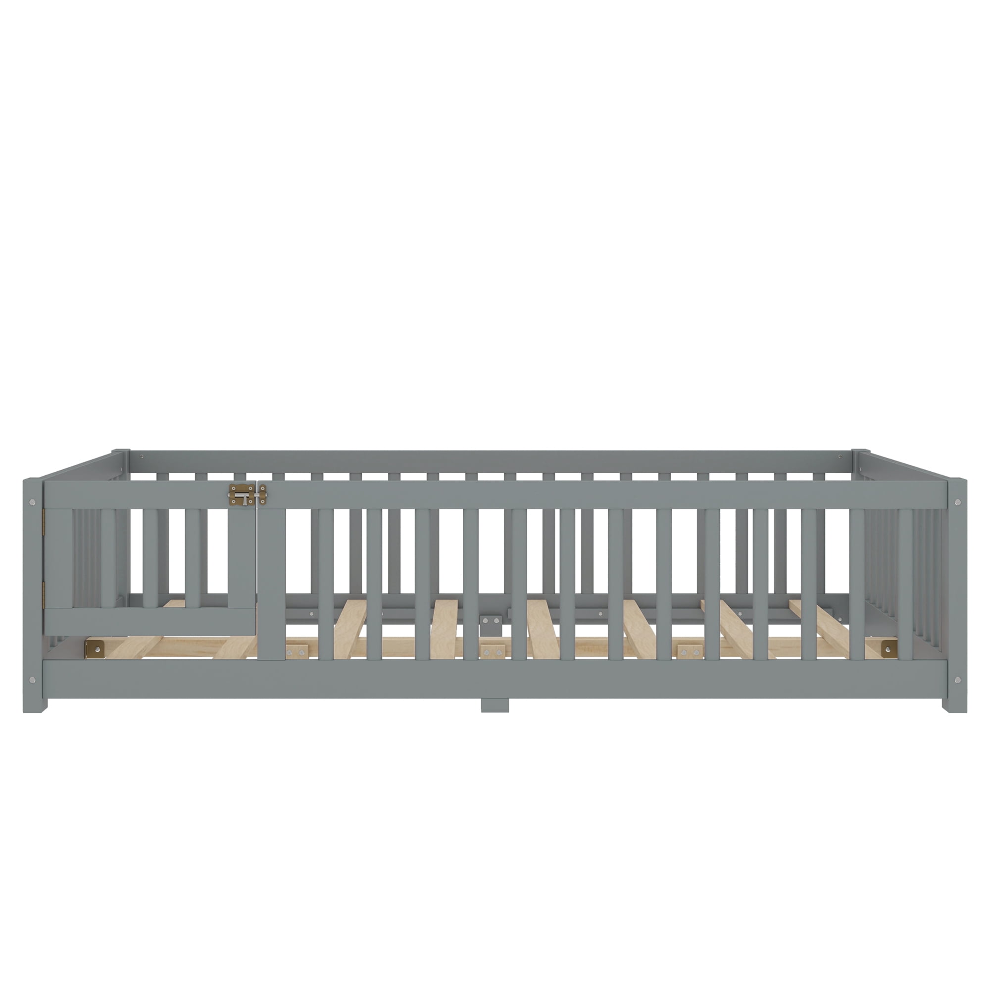 Full Size Floor Bed with Door and Support Slats, Wood Kids Floor Bed with Full-length Guardrails, Montessori Bed Frame Toddler Bed for Kids, No Box Spring Needed Design