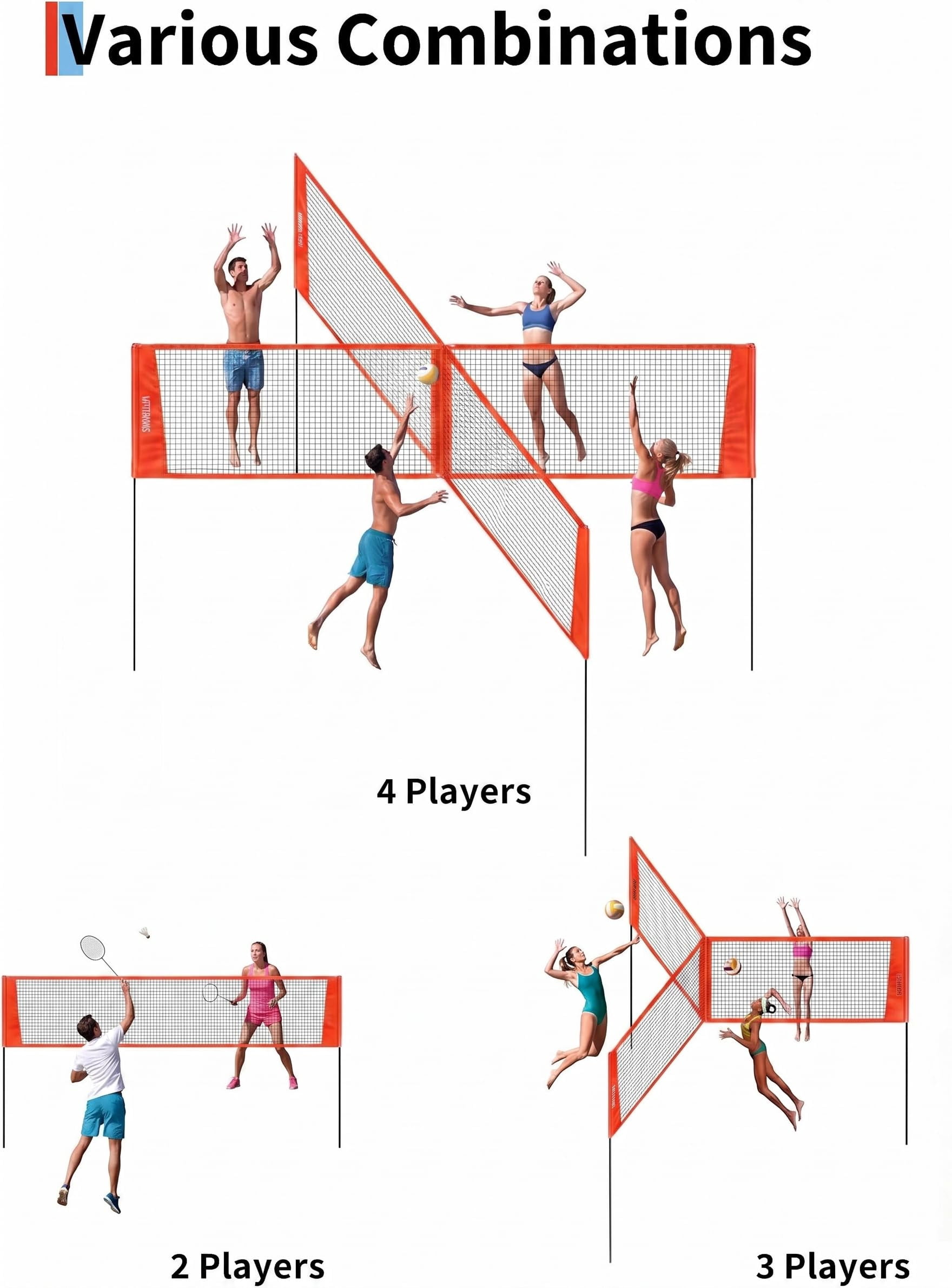 14FT 4-Square Cross Volleyball Net System with 3 Adjustable Heights, PE Outdoor Multiplayer Game Set with Ball, Pump & Carry Bag, Black/Red