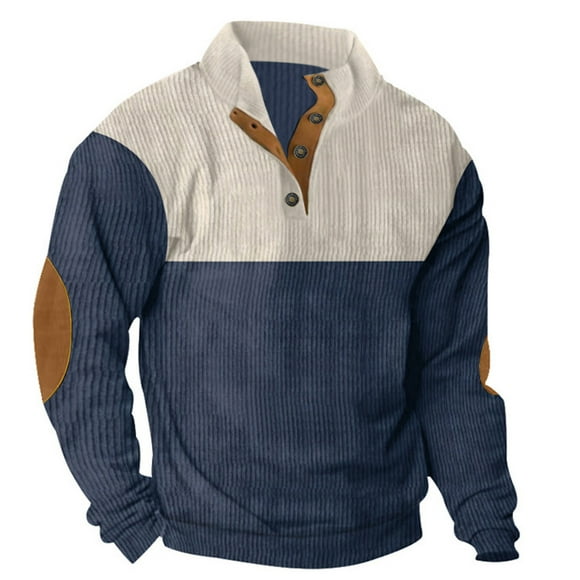 BADHUB Men's Corduroy Pullover 1/4 Button Up Color Block Sweatshirts Stand Collar Pullover Tops Elbow Patche Slim Shirts on Clearance Navy,XL
