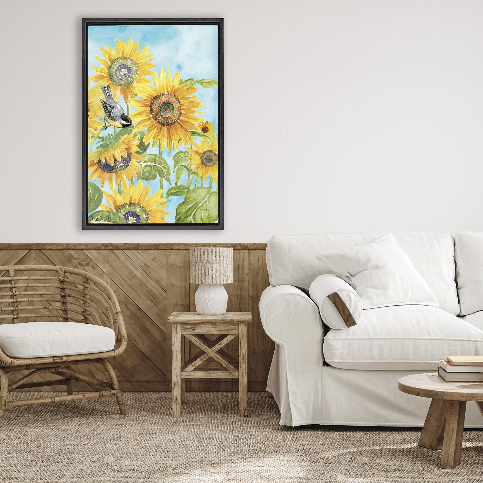 Stupell Industries Sunflower Honey Bird Black Framed Floater Canvas Wall Art, design by Tim Coffey