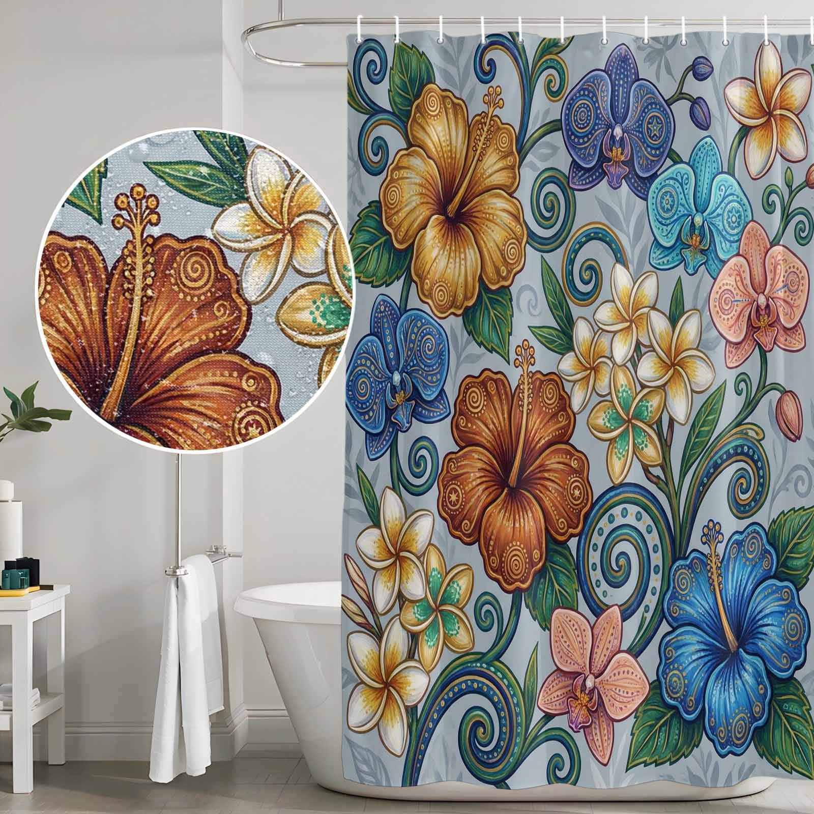 Shower Curtain Bathroom Set Abstract Retro Boho Flower Waterproof Fabric Shower Curtains with Grommets&Hooks, Blue Gold Flower Green Leaf Privacy Bath Curtain for Bathtub 72x72in
