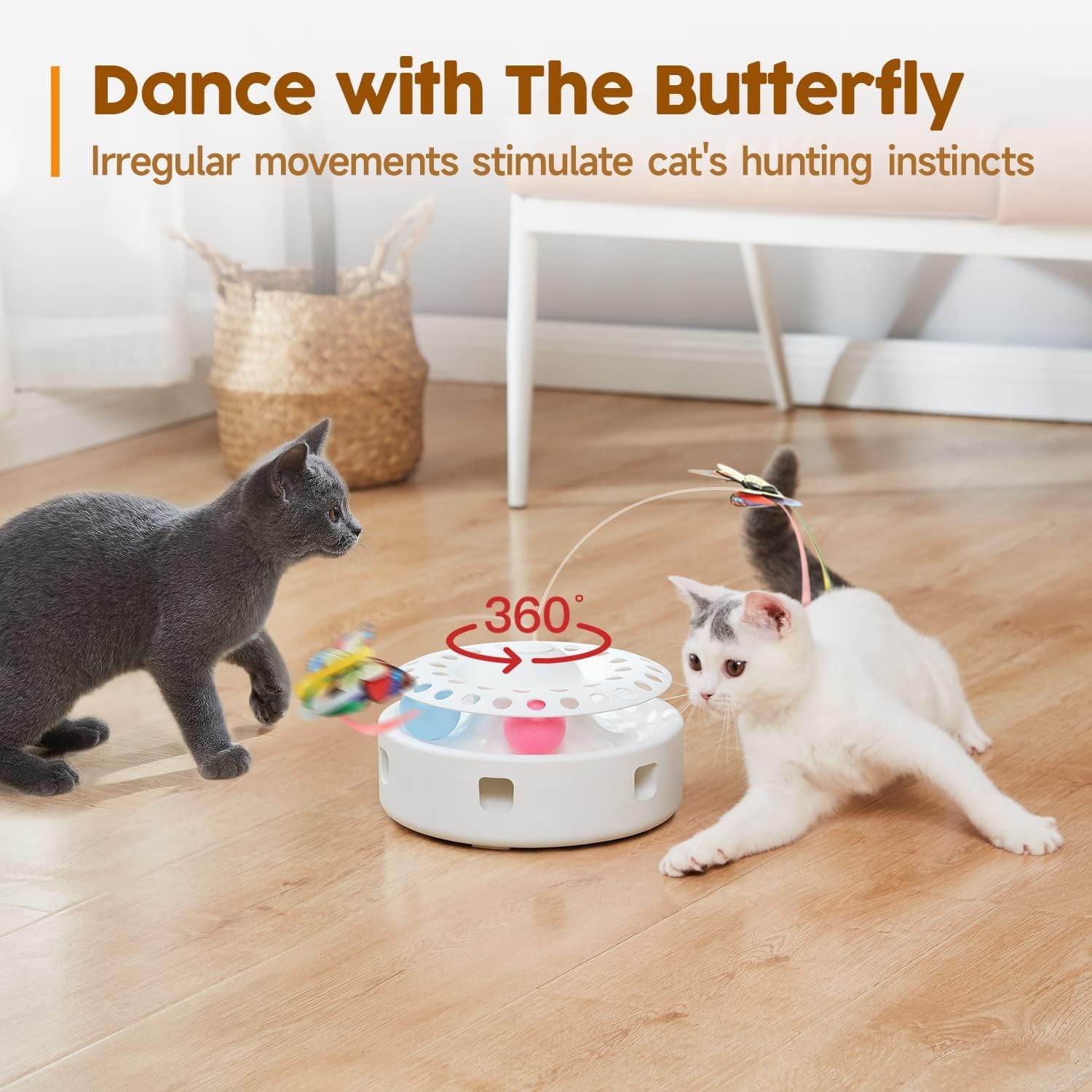 Cat Toys 3in1 Automatic Interactive Kitten Toy, Fluttering Butterfly, Moving Feather, Track Balls, Dual Power Supplies, USB Powered, Indoor Exercise Kicker (Bright White)
