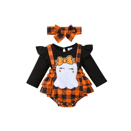 

Shunvnny 2Pcs Baby Girl Halloween Outfit Ghost Patch Plaid Ruffle Long Sleeve Romper Dress Bow Headband 0M 3M 6M 9M 12M 18M Infant Clothes Set