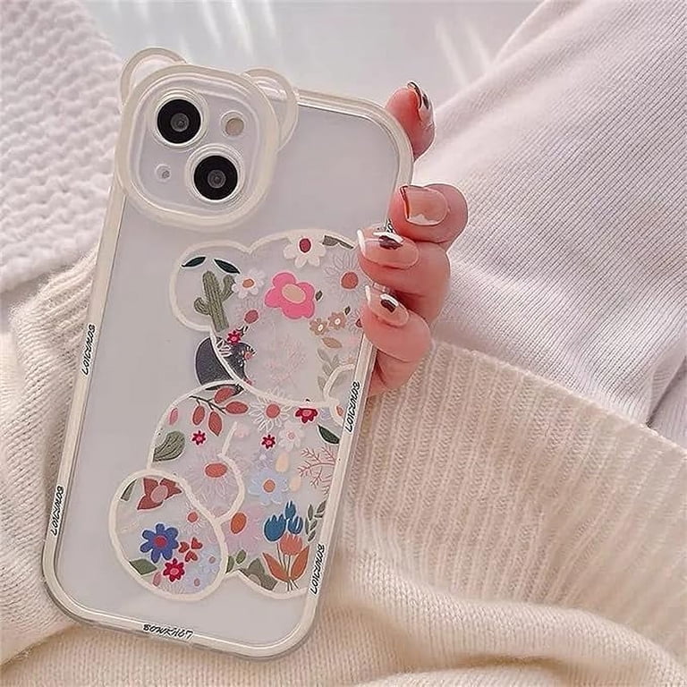 Jusy Funda Para IPhone 15 Con Flores Y Oso - Transparente Con Correa De Muñeca Kawaii Y Protección Para Cámara