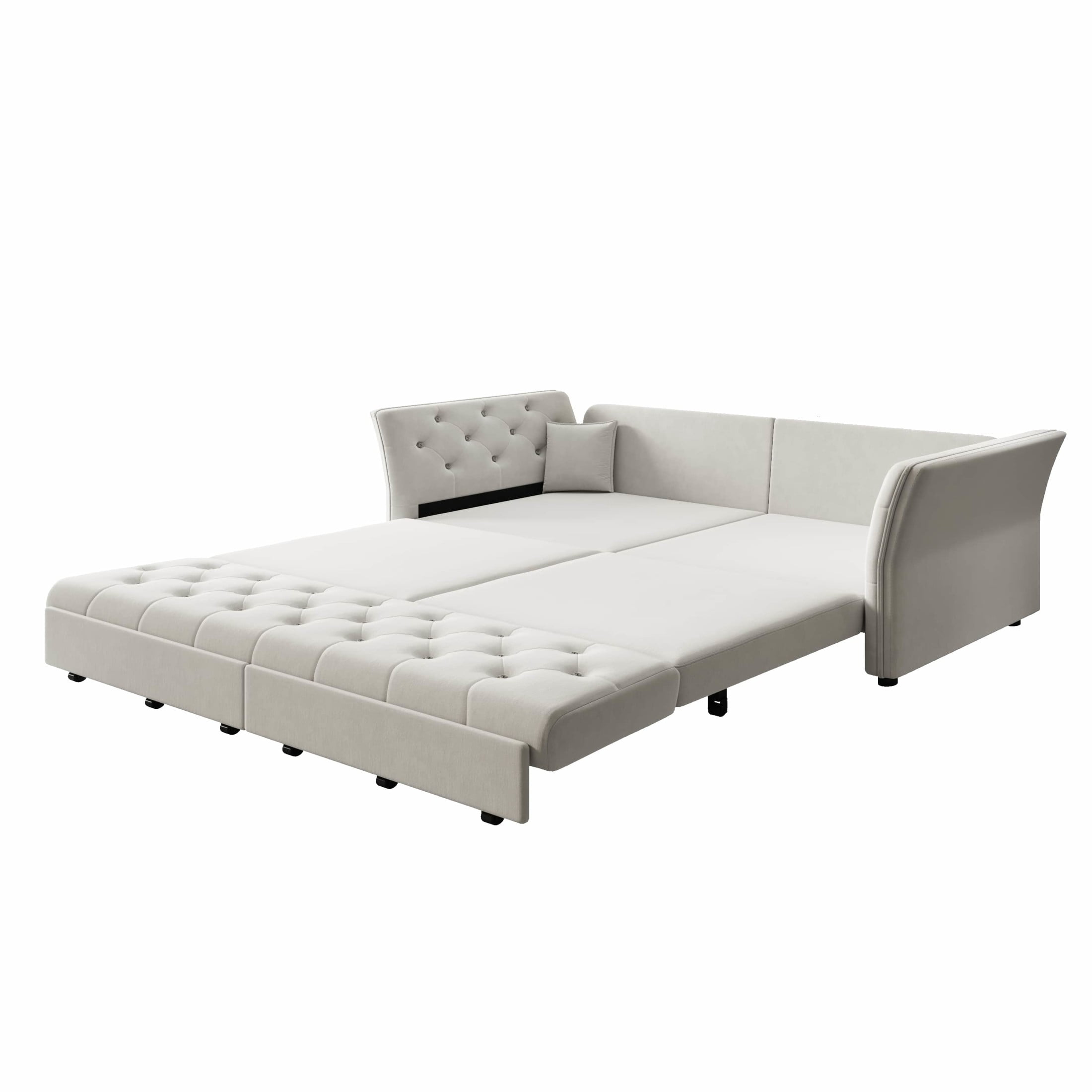 Noble House 74.4" Oversized Velvet Pull Out Sofa Bed, 3-in-1 Convertible Sleeper with Fabric Flower Tufting, Light Grey