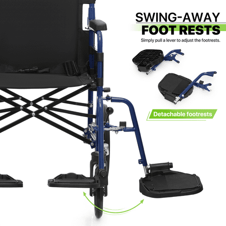 Magshion Folding Transport WheelChair, Foldable Rollator Chair with Swing-Away Footrests, Flip Back Backrest and Parking Brake for Adults, Disabled, 300lbs Weight Capacity, Blue