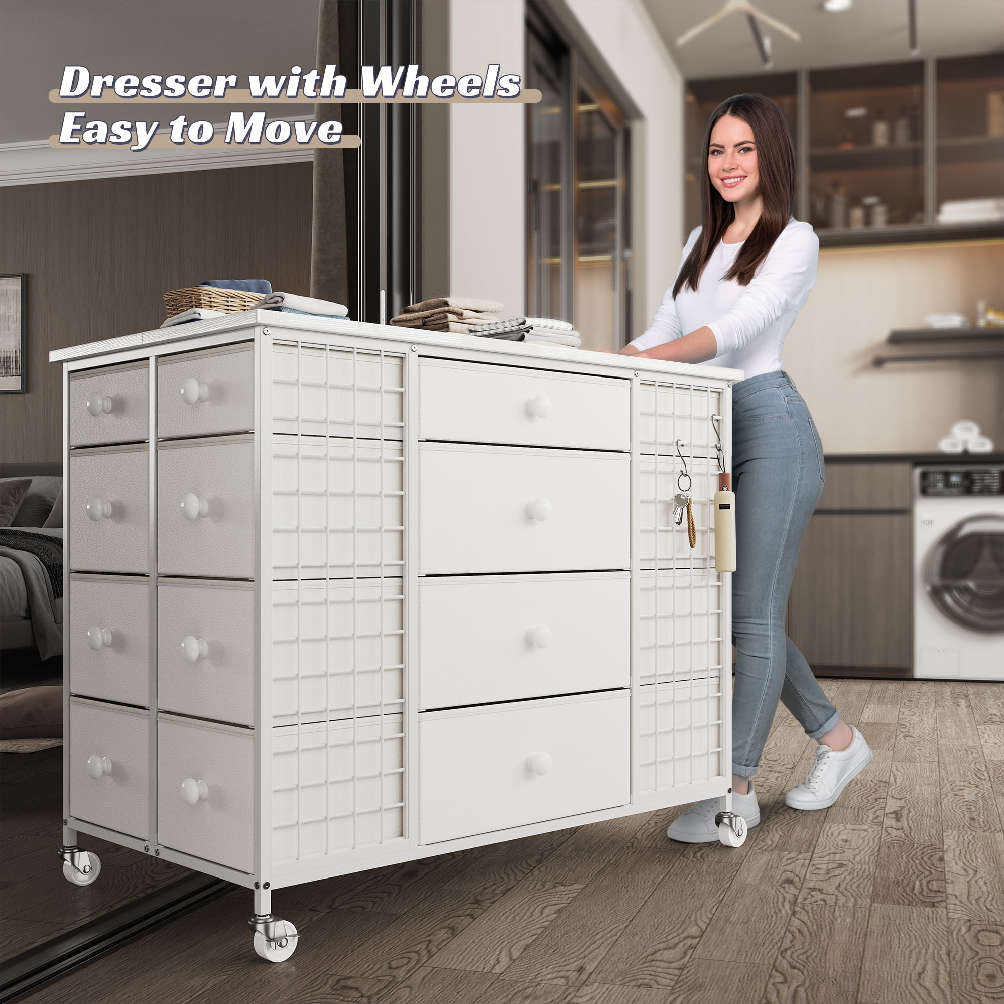 EnHomee 24 Drawers White Dressers for Bedroom Closet Dresser Fabric Drawers with Wheels