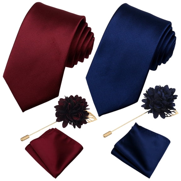 6Pcs Ribbed Men Tie Set with Pocket Square & Boutonniere, Two Colors Business Necktie Accessory Kit