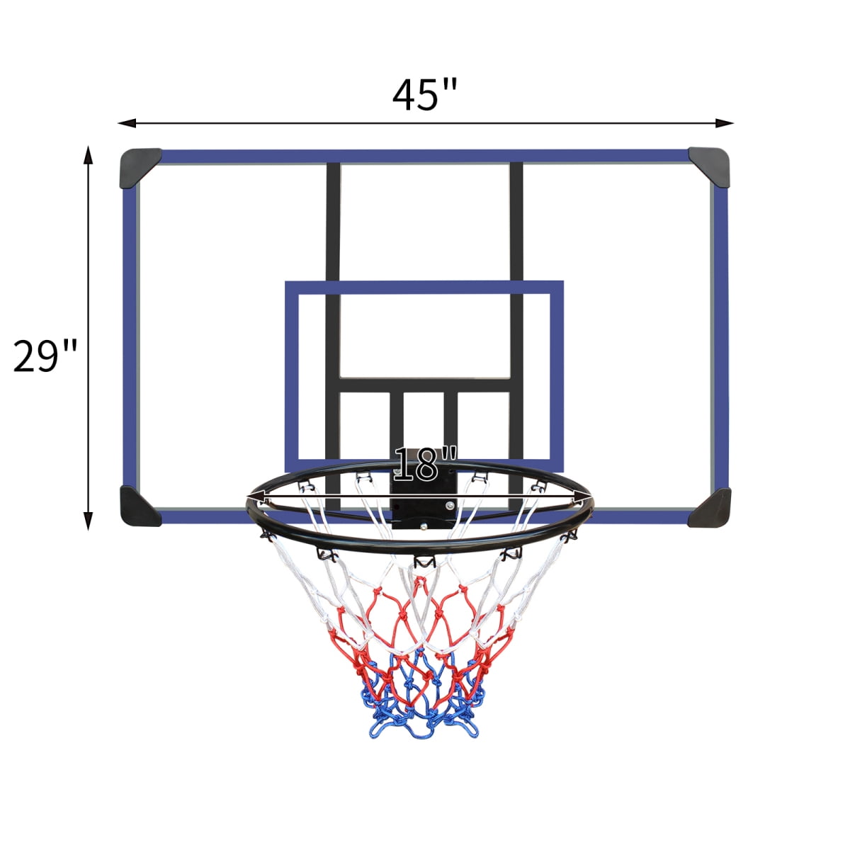 Wall-mounted basketball hoop, 45 x 29 inches shatterproof back, folding hoop, durable hp, 45 x 29 inches shatterproof back, folding hoop, durable hoop and all-weather mesh for indoor and outdoor use