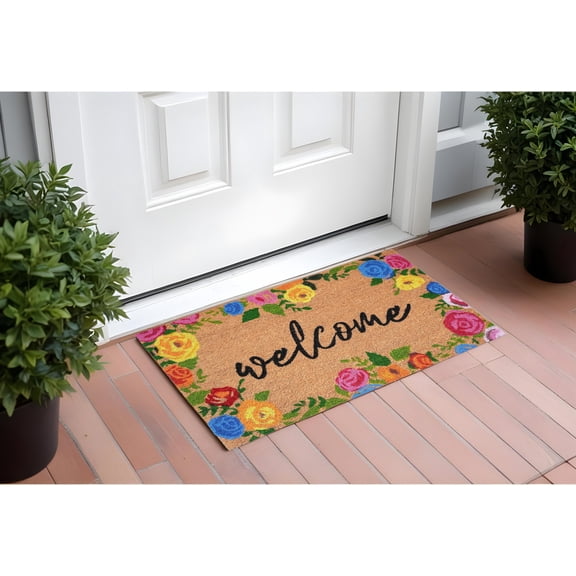 HomeRoots 555219 24 x 36 in. Natural & Black Coir Floral Welcome Outdoor Door Mat