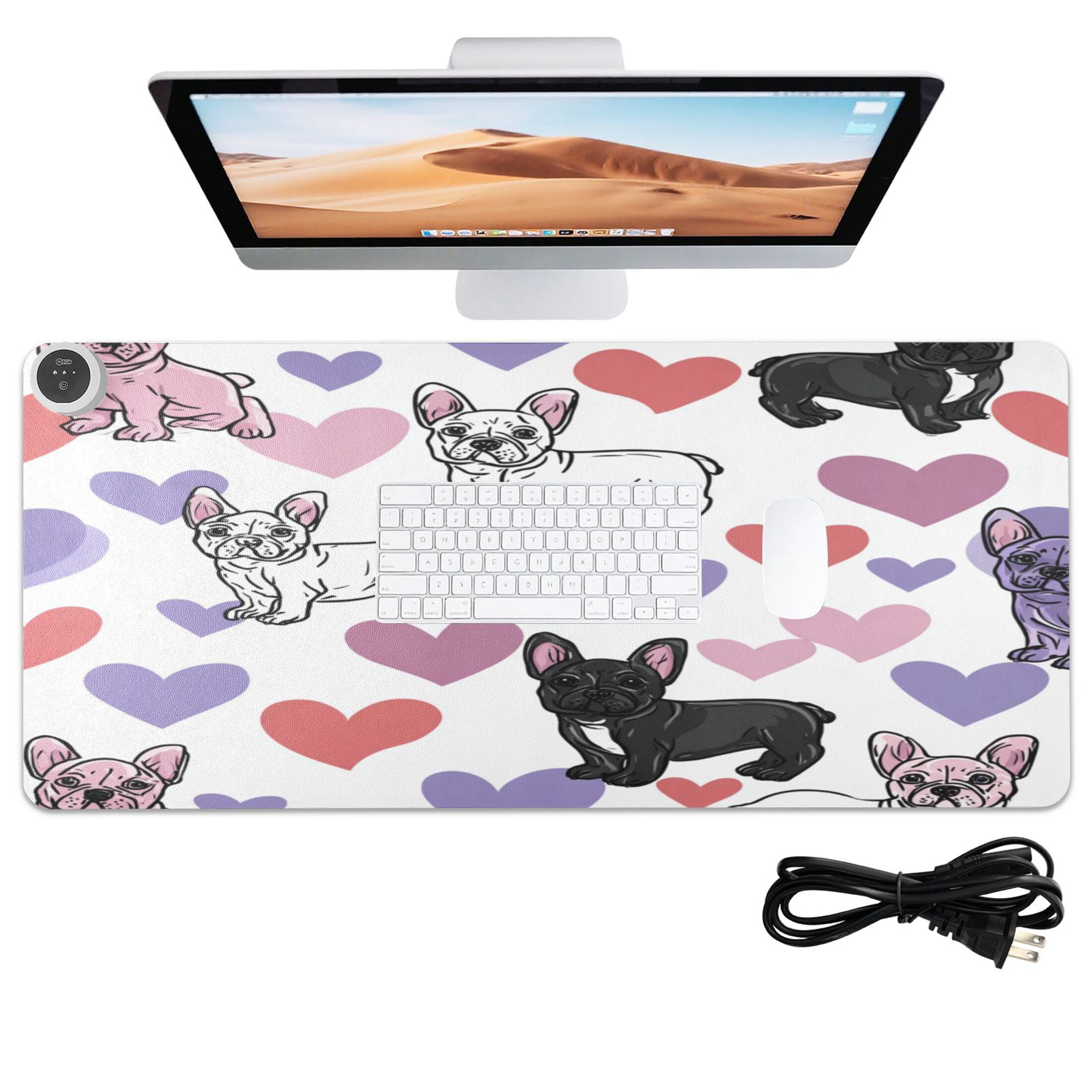 Large Heated Desk Mat Mouse Pad 31.5"x13"PU Leather Graphene Heating Desk Warmer with 3 Temperature Settings 110V US Plug Non-Slip Warm Pad for Home, Office, and Gaming Cute Frenchie Heart Background