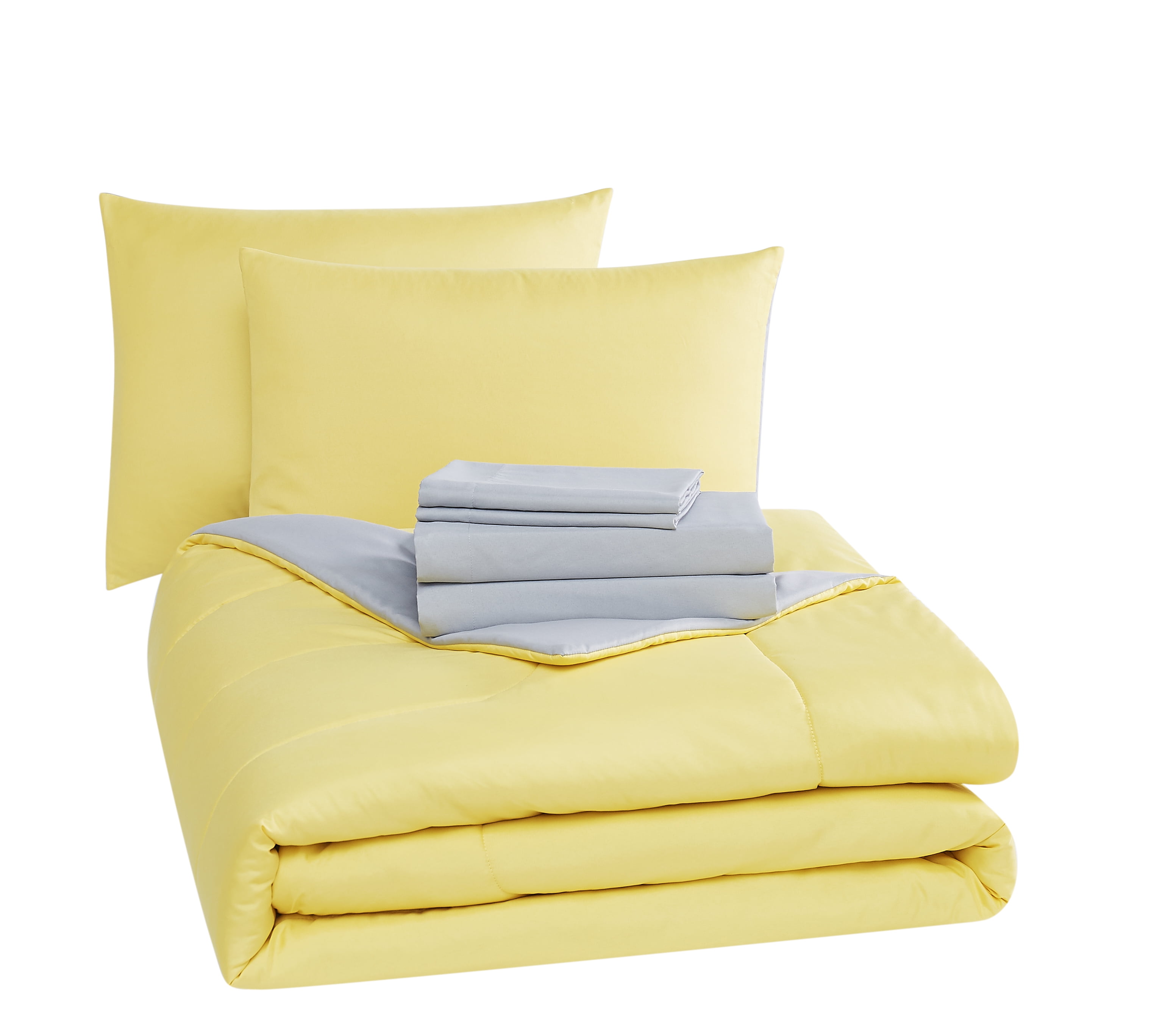 Mainstays 7 Piece Reversible Bed in a Bag Comforter Set with Sheets, Yellow, Queen