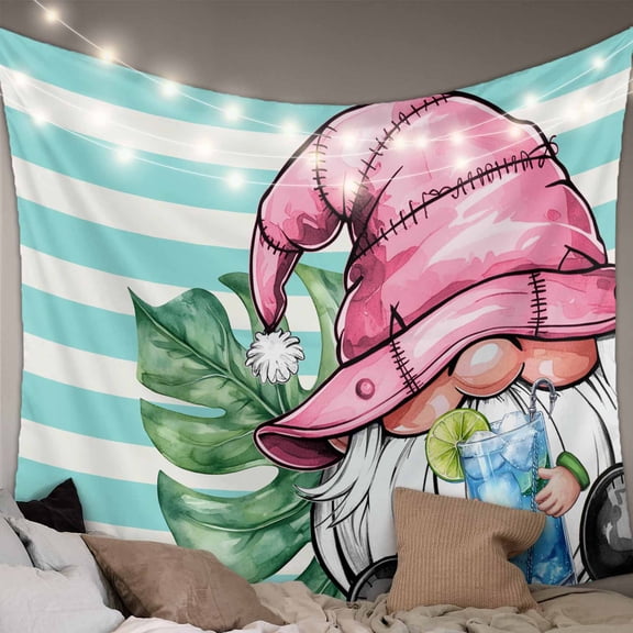 Pink Gnomes Summer Tapestry for Bedroom Wall Hanging Tapestry, Tropical Leaves Aqua Stripes Ceiling Backdrop Tapestries Poster Blanket Wall Decor for Teens Room Living Room Dorm 39" x 59"