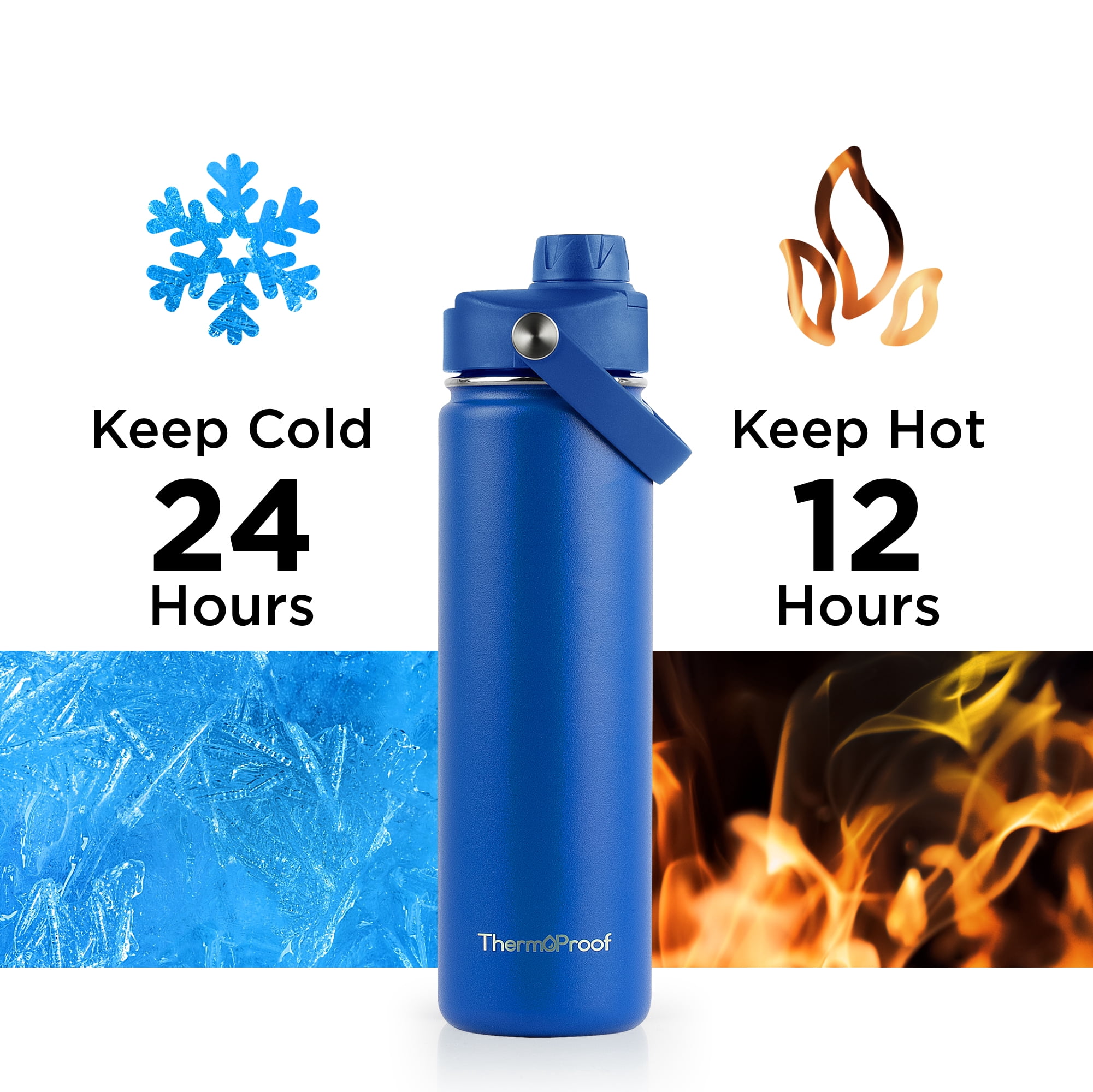 ThermoProof Insulated Stainless Steel Water Bottle 22oz, Leakproof Spout & Chug Lid, Keeps Cold 24H Hot 12H, Reusable Wide Mouth Bottle