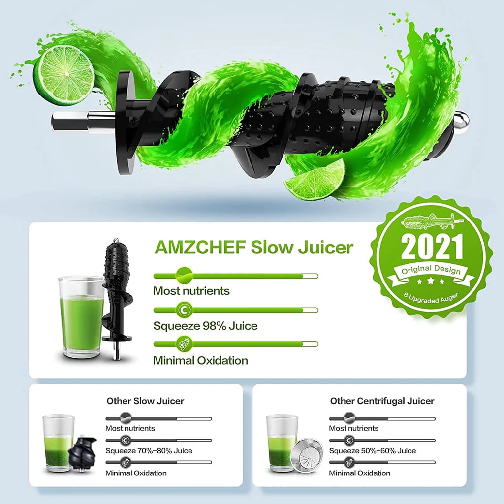 AMZCHEF Slow Juicer 3” Wide Chute, Quiet Masticating Gray Juicer, Easy to Clean