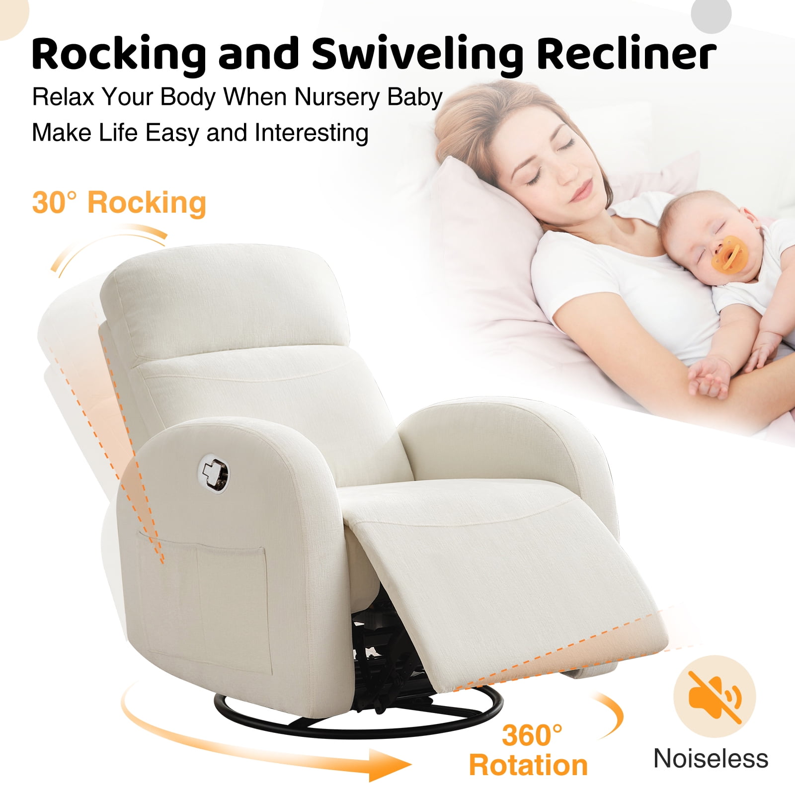 Aemeios Chenille Swivel Rocker Glider Manual Recliner Nursery Rocking Chair with Double Pockets, White