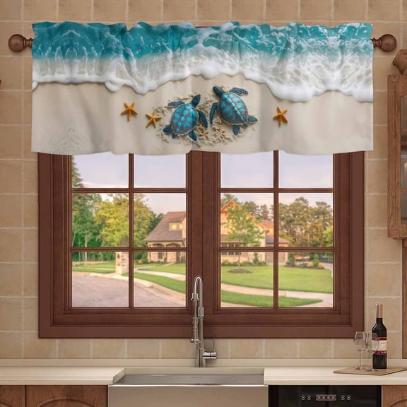 Kitchen Valances for Window, Sea Turtle Summer Beach Starfish Light Filtering Rod Pocket Valance Curtain, Teal Sea Water Ripple Short Curtains Window Topper for Bedroom 54x18in