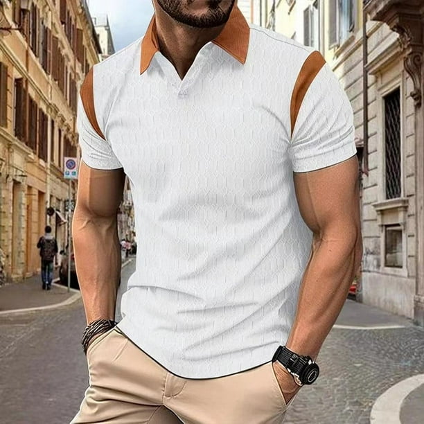 pstuiky Camisa de manga corta para hombre, Camisa informal de color liso con cuello vuelto y manga corta de cedro para hombre camisas casuales para hombre l