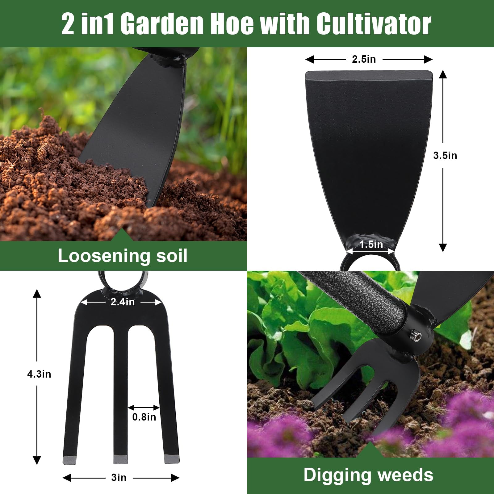 FENHRTVM Hoe Garden Tool, 48Inch Garden Hoe Adjustable Long Handle, 2 in 1 Garden Hoe for Weeding, Stainless Steel Weeder Tool for Yard Long Handle, Gardening Hoe for Planting, Lossening, Digging