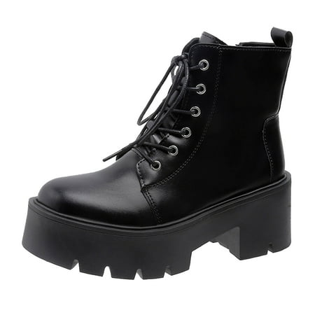 

TAIAOJING Women s Lug Combat Boots Autumn And Winter Ankle Boots Thick Sole Middle Heel Round Toe Lace Up Comfortable