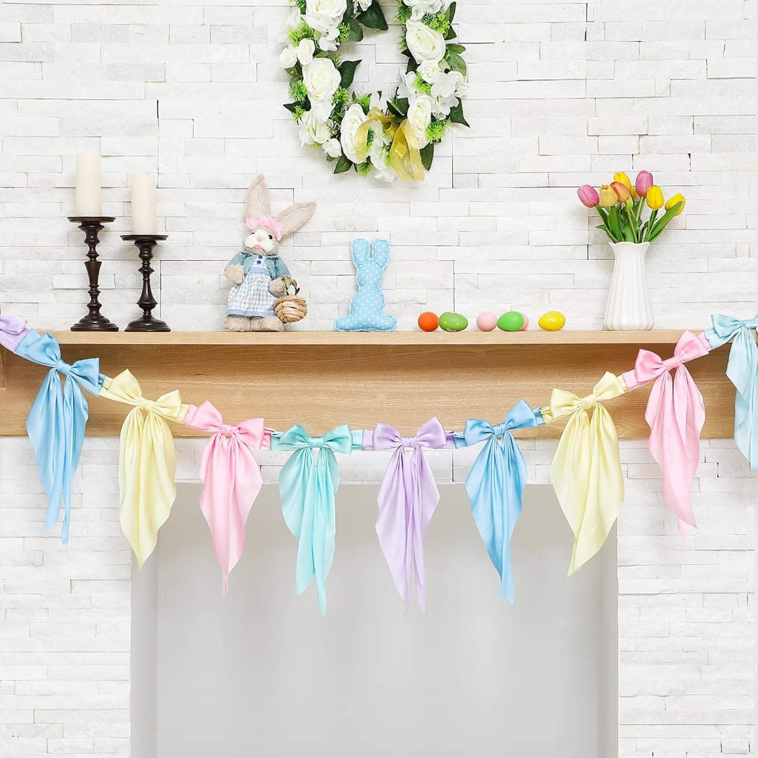 Satmonnus 7.9 FT Easter Pastel Bow Garland Banner - Silk Satin Ribbon Pastel Bow Garland Hanging Party Bow Garland Decoration for Easter Birthday Baby Shower Wedding Party Supplies