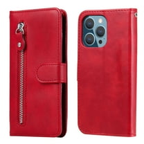 Zipper Wallet Case for iPhone 14 Pro, Glossy Luxury Faux PU Leather Soft Silicone Shockproof Flip Folio Cover with Card Slots Pocket Magnetic Clasp Kickstand Fashion Case, Red
