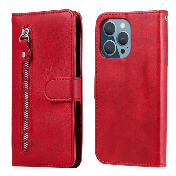 SaniMore Case for iPhone 14 Pro 6.1" 2022, Zipper Wallet Pocket Caed Slots Retro PU Leather Shockproof Drop-proof Flip Kickstand All-around Protective Shell For iPhone 14 Pro, Red