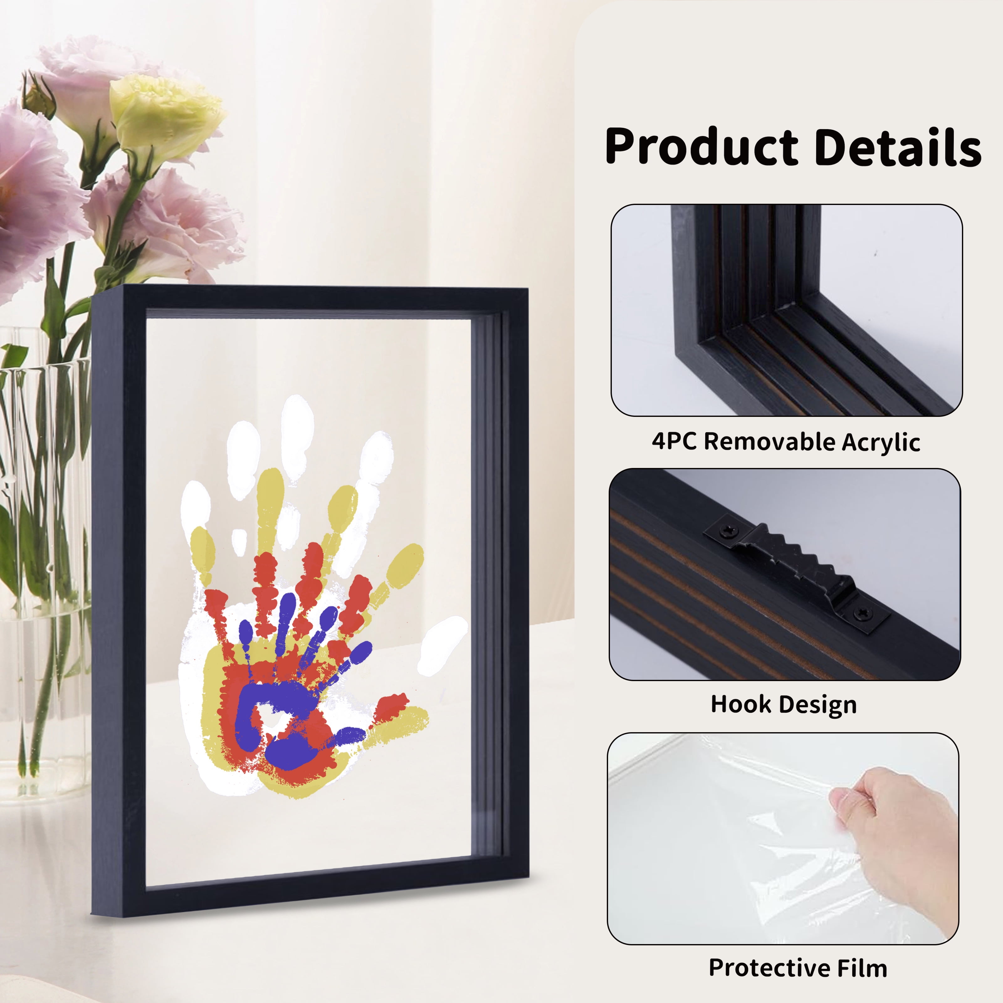 Family Handprint Kit, DIY Craft Keepsake Wood Frame, Endless Gift Set, 4 Transparent Sheets - Black