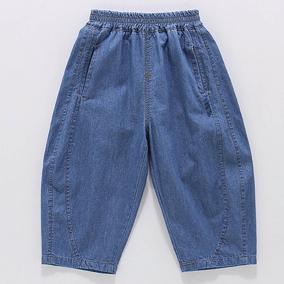 Angala Toddler Girls Denim Pants Carrot Leg With Lightweight Breathable Fall Casual Girls Baggy Trousers Size 3-4 Years Dark Blue