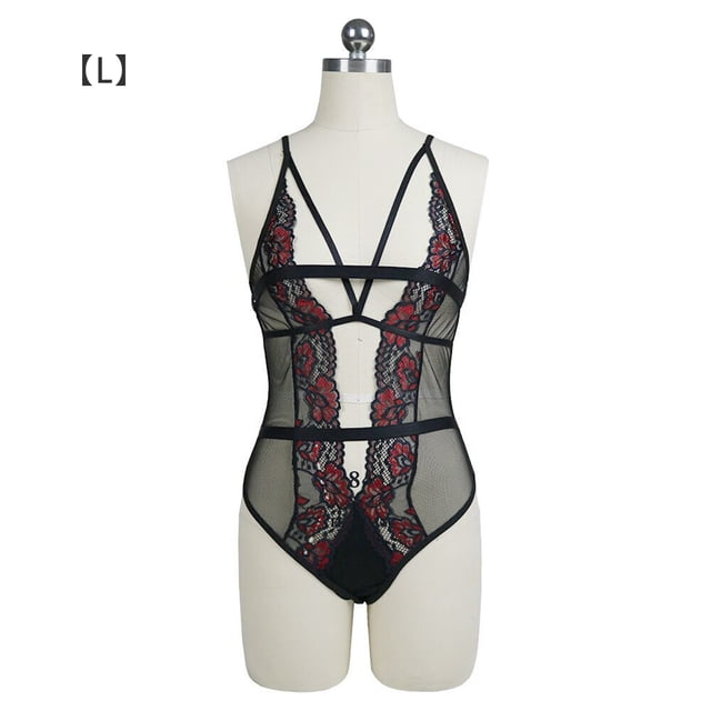 Ropa interior sexy para mujer, encaje, escote en V profundo, mono con diseño de malla, lencería, L Inevent XX000167-03