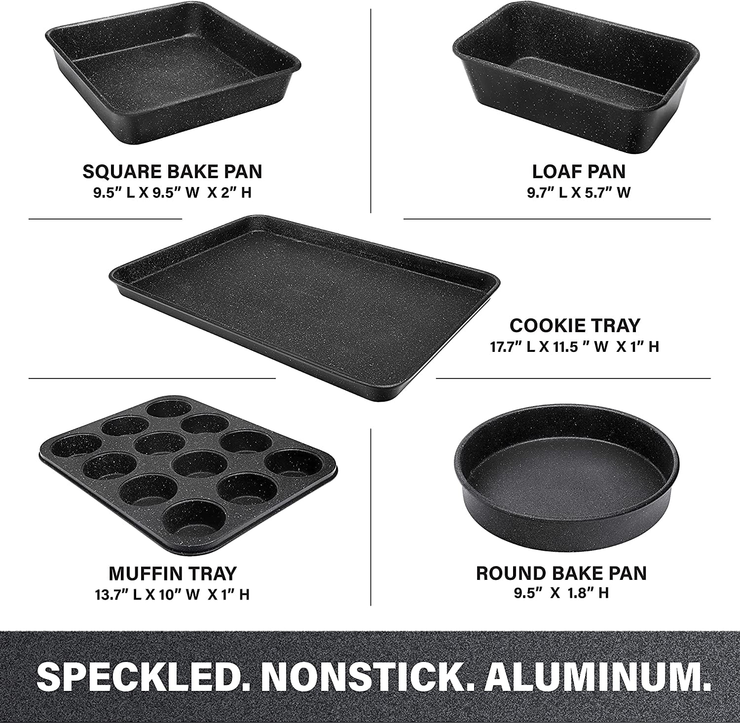 Granitestone Black Nonstick Bakeware Set, 5 Piece Baking Pans Set, Dishwasher Safe, No Warp & Even Heating, Oven Safe with Square & Round Baking Pan, Muffin and Loaf Pan & Baking Sheet