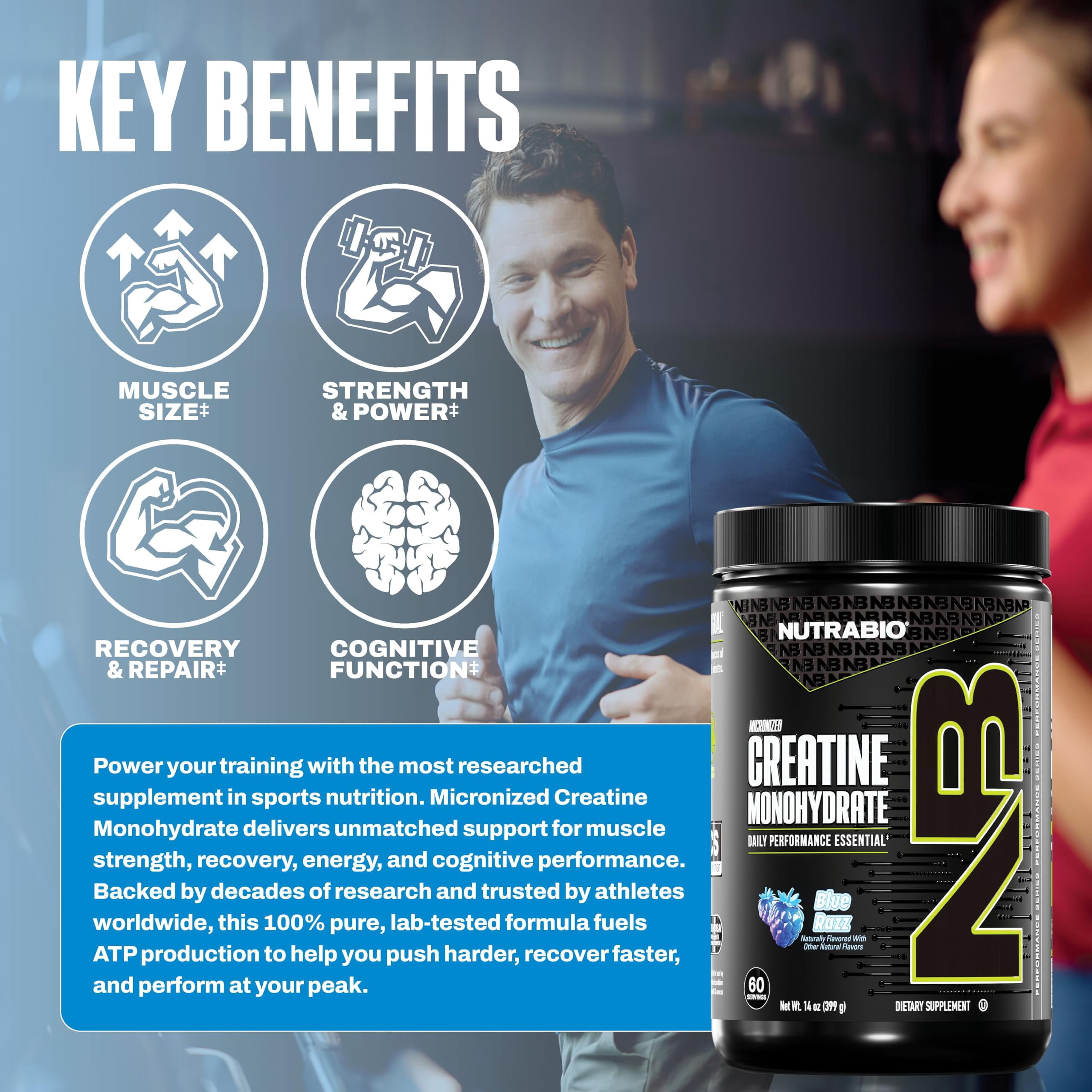 NutraBio Pure Creatine Monohydrate Powder Supplement, Blue Razz, (300 g) - Supports Bulk Muscle Energy, Recovery, and Strength - HPLC Tested Pure Grade Creatine Powder Supplement for Men and Women