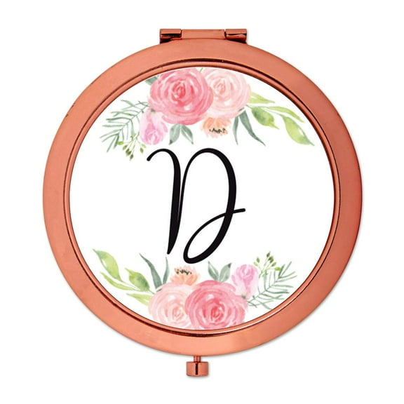 Koyal Wholesale Compact Mirror Bridesmaid's Wedding Gift, Rose Gold, Monogram Letter D, Peach and Pink Roses, 1-Pack