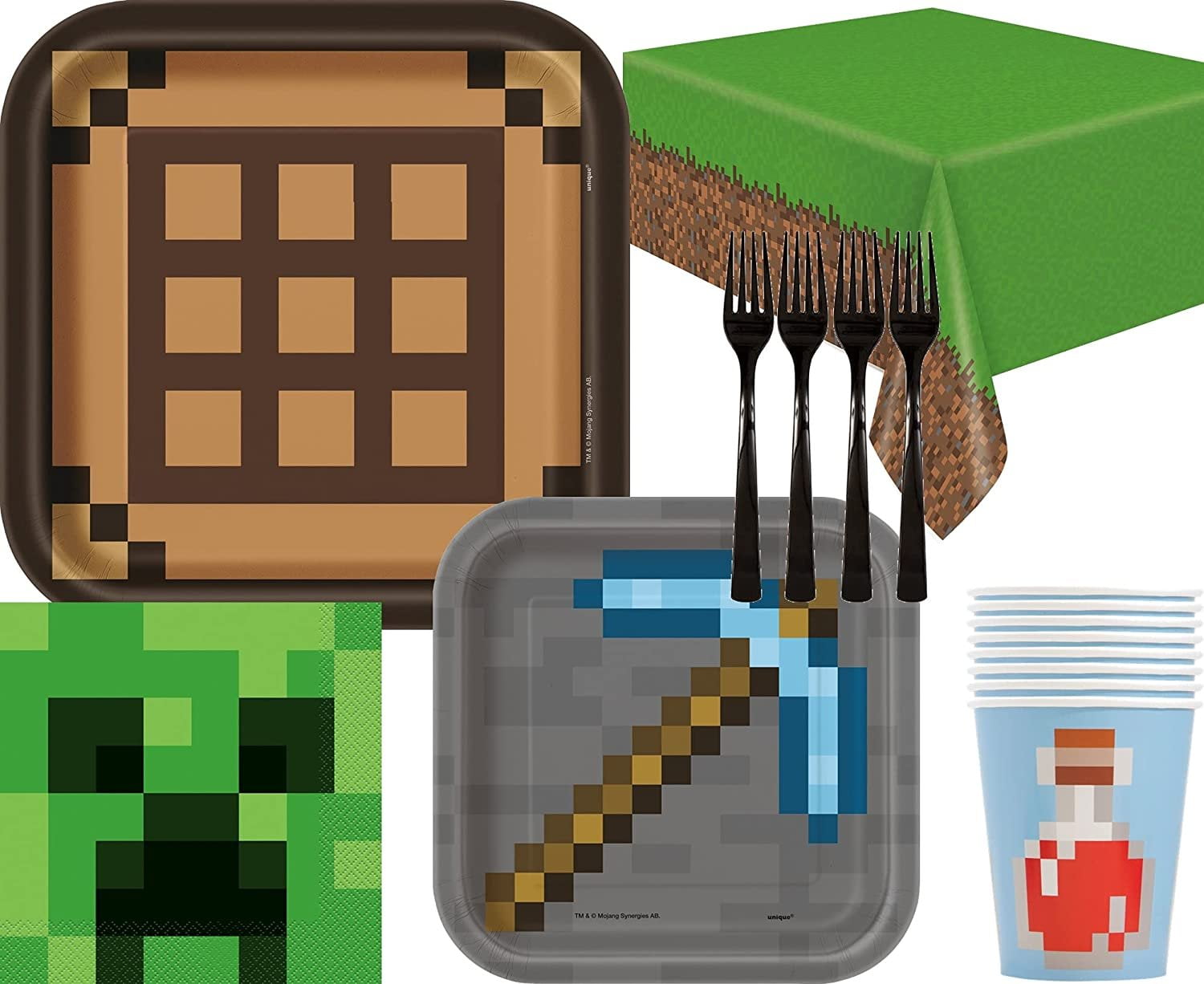 Minecraft Party Supplies Bundle with Plates, Napkins, Forks, Cups, and