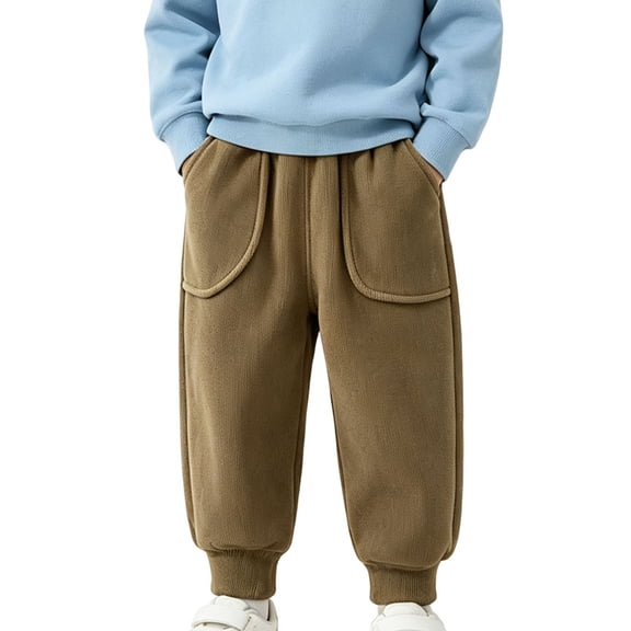 Lmnyox Corduroy Sweatpants for Boys Winter Cozy Plain Fleece Lined Pull On Trousers Casual Baggy Cuffed Pants with Pockets