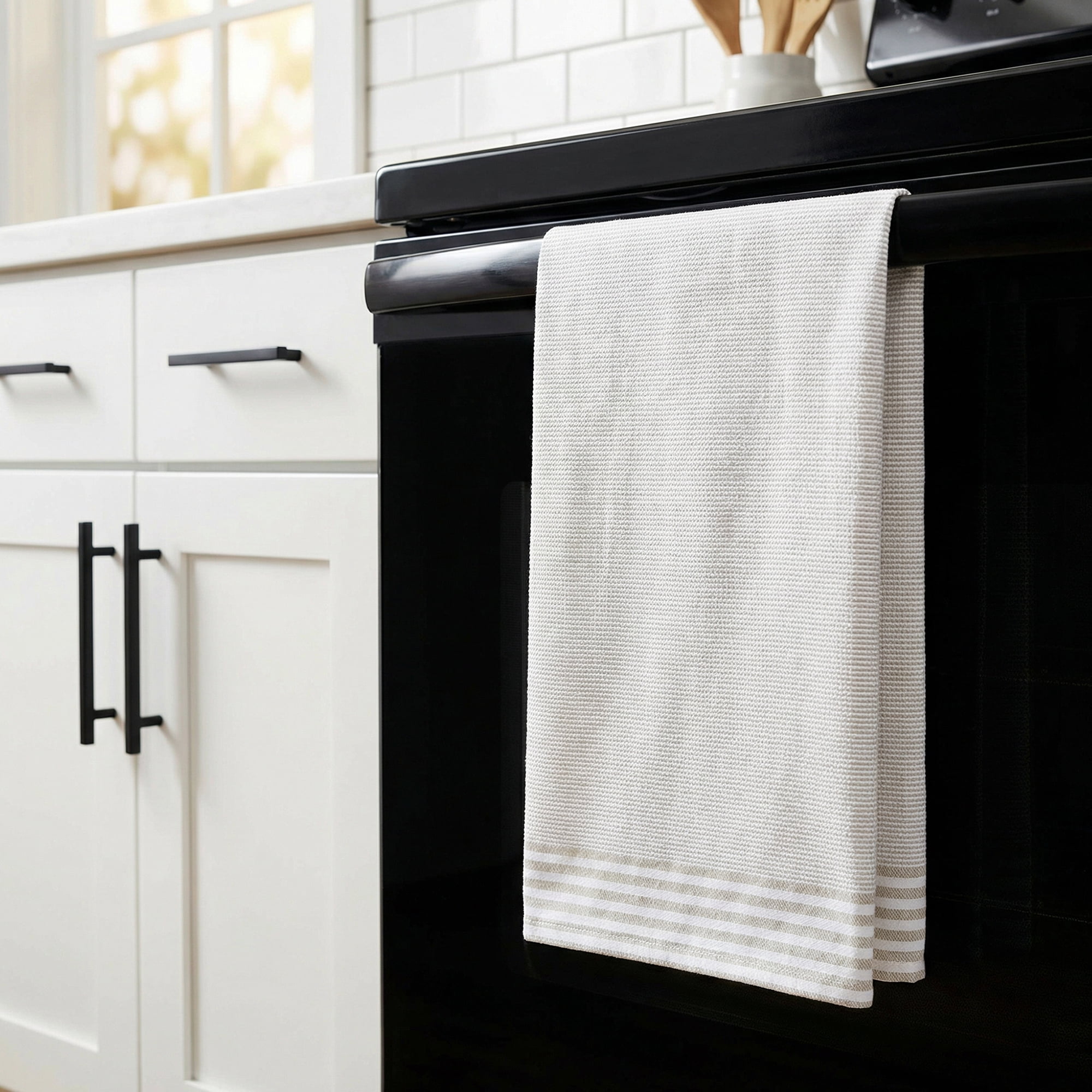 Unique Bargains 100% Cotton Striped Kitchen Towels Khaki 26" x 18"