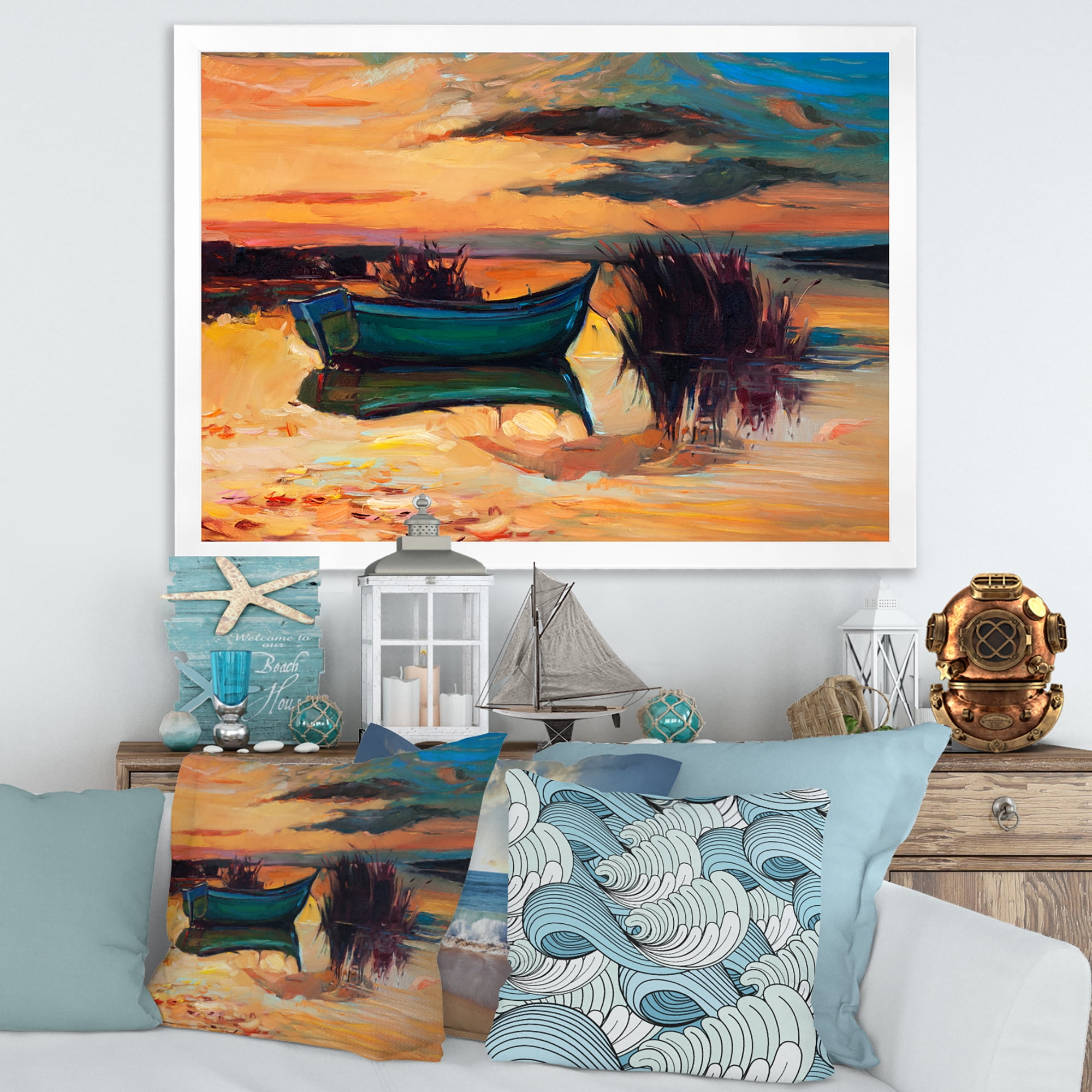 Boat At The Lake During Evening Glow I 32 in x 24 in Framed Painting Canvas Art Print, by Designart