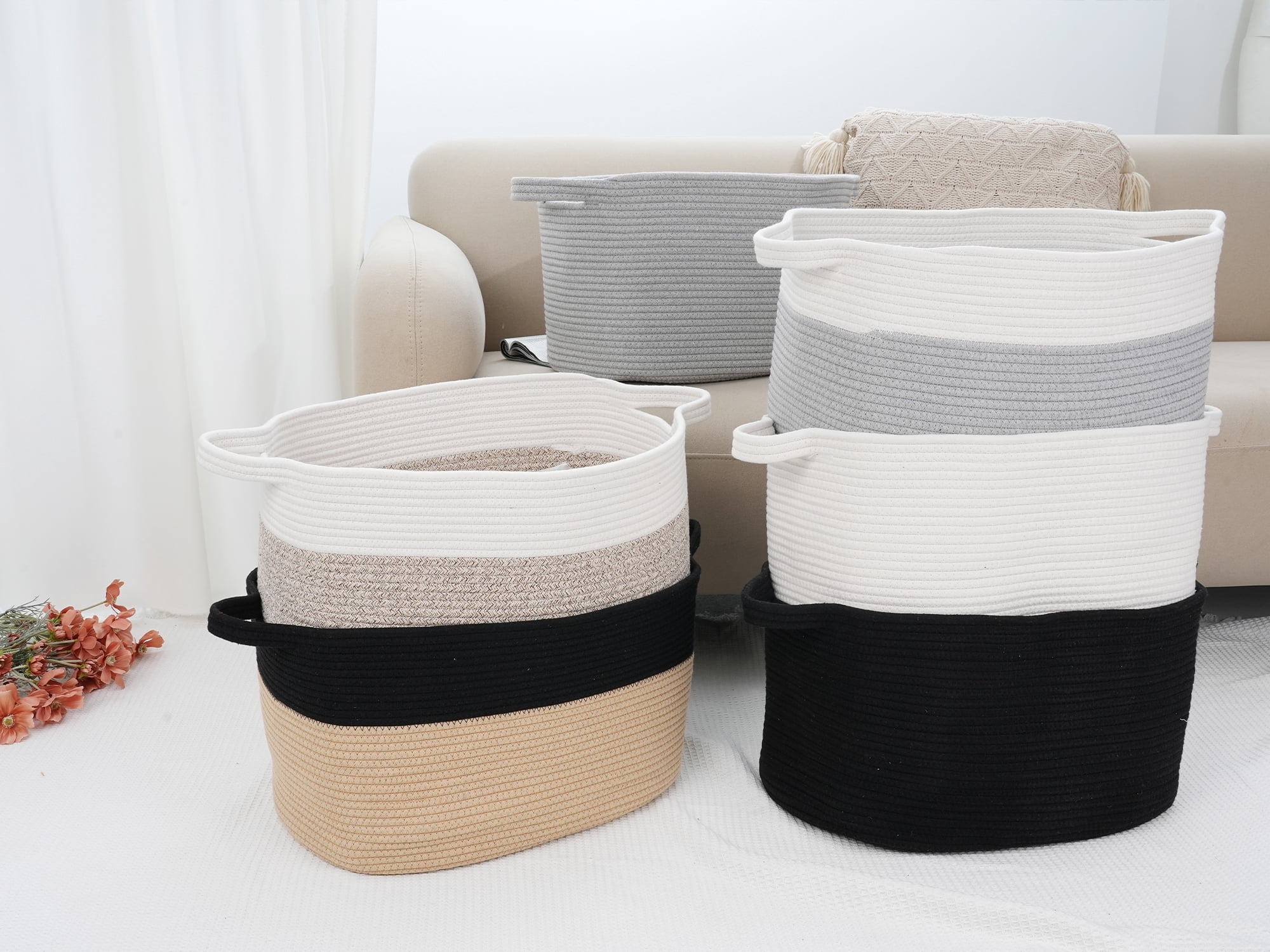 Unique Bargains Woven Storage Basket with Handle Shelf Storage Bin for Home White Grey