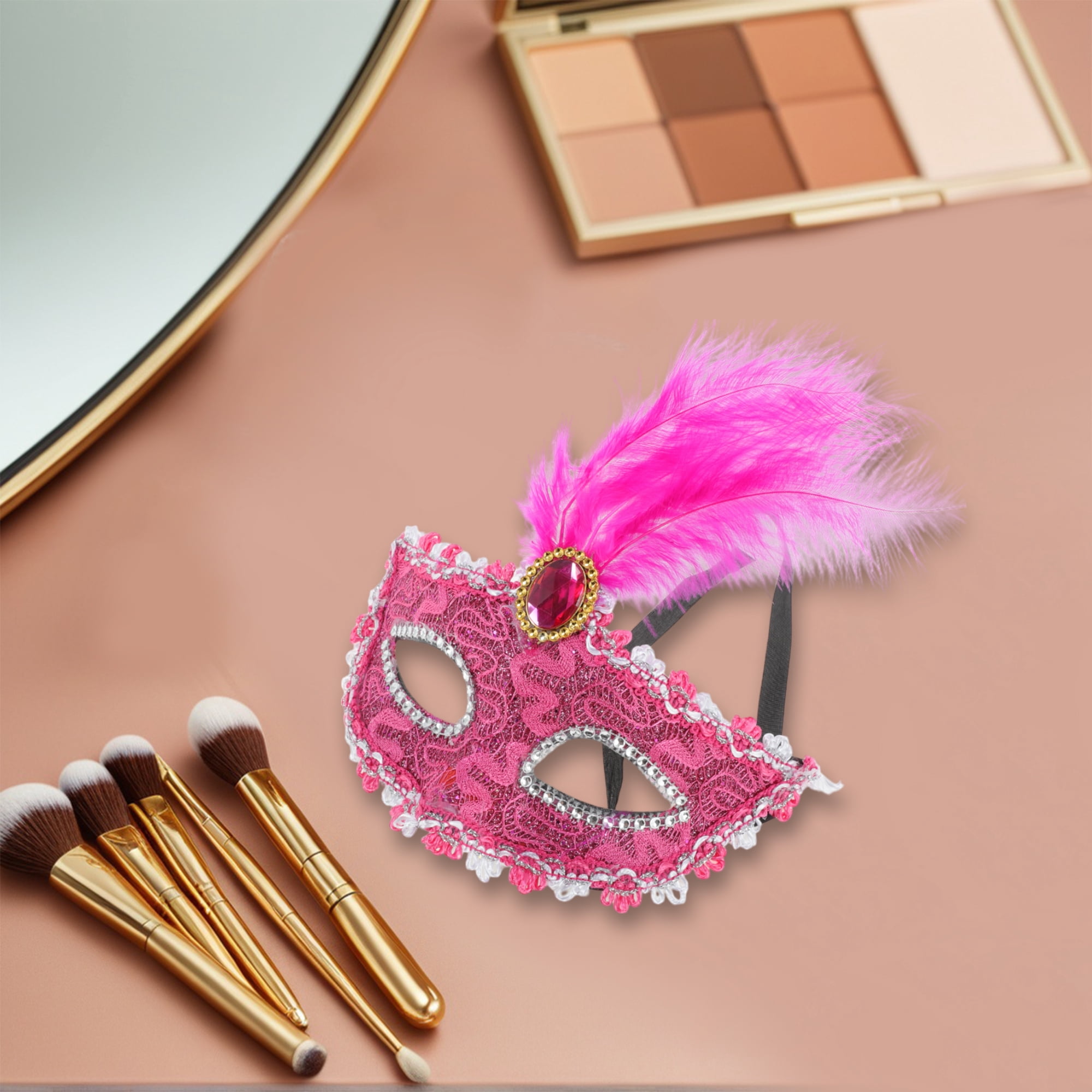 Unique Bargains Dragon Pattern Feather Half Face Party Mask 1 Pcs Rose Red