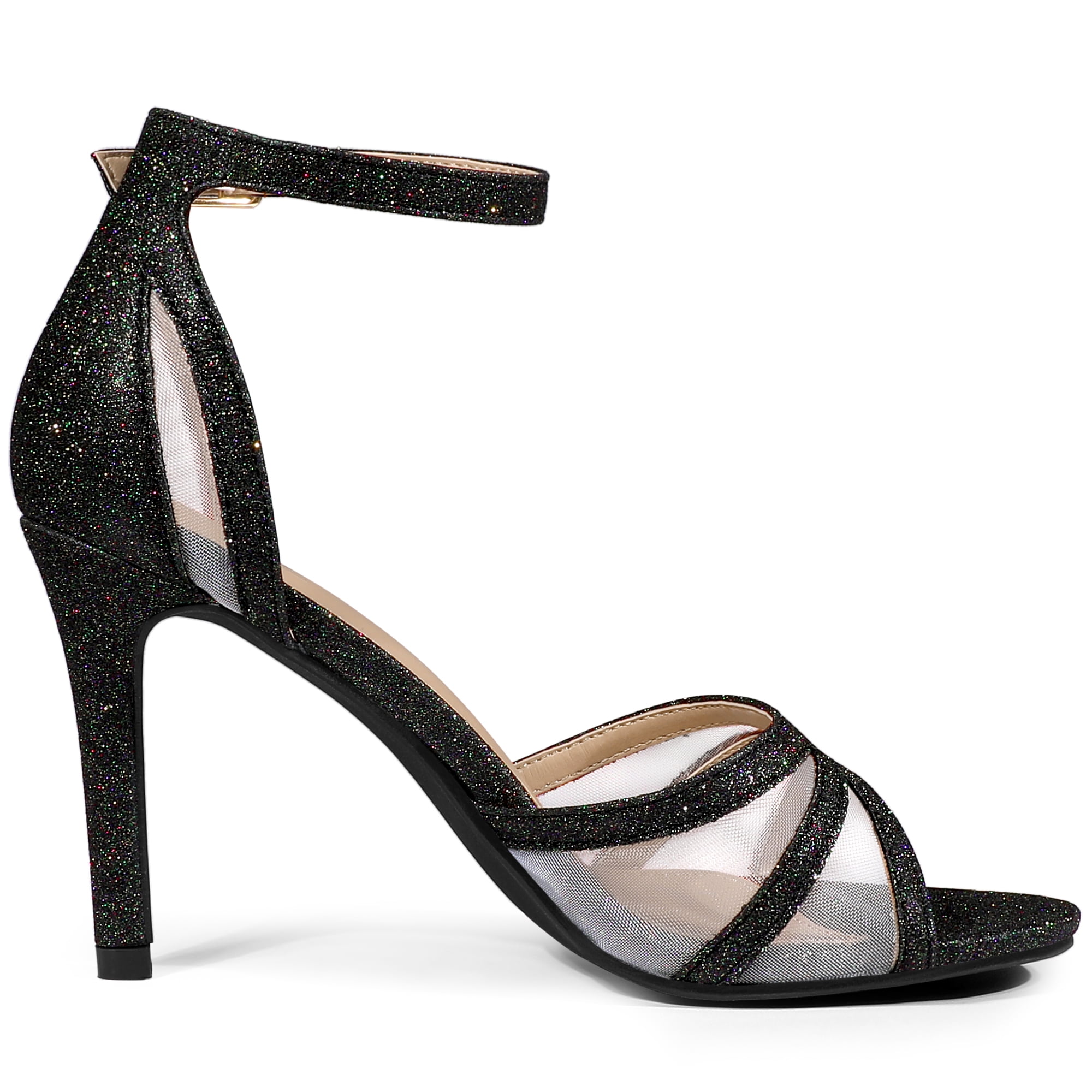 DARING DIVA Women's Glitter Ankle Strap Stiletto Heels Sandals Black 9