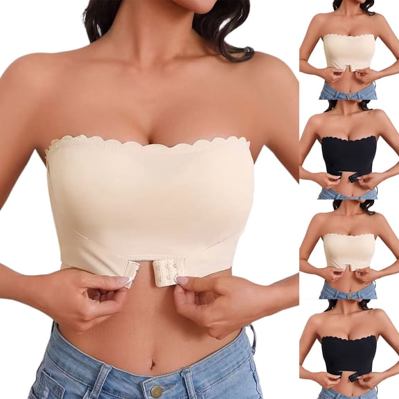 khonts,Women's Wireless Strapless Front Hook Closure Bras Non- Bandeau Push up Backless Breathable Everyday Bras Black XL