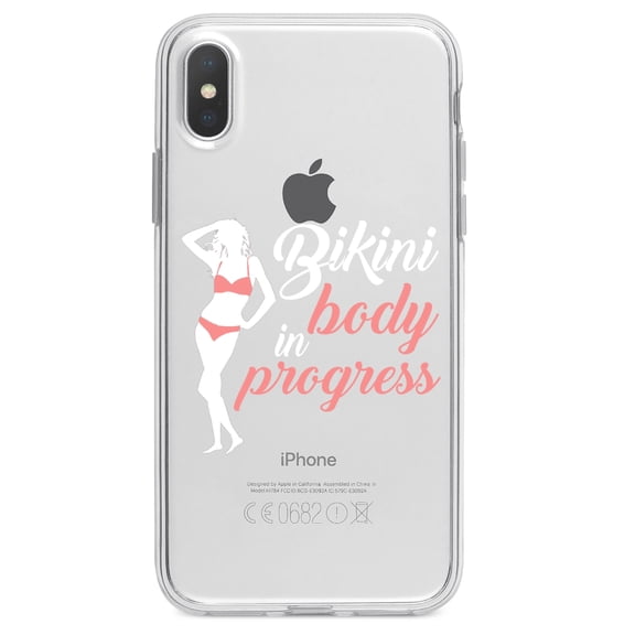 DistinctInk Clear Shockproof Hybrid Case for iPhone XR (6.1" Screen) - TPU Bumper Acrylic Back Tempered Glass Screen Protector - Bikini Body in Progress