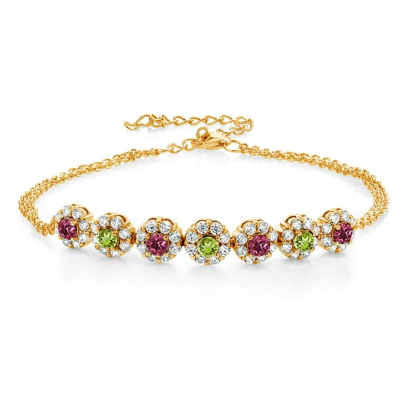 Gem Stone King 18K Yellow Gold Plated Silver Pink Tourmaline and Green Peridot Tennis Bracelet for Women (2.06 Cttw, Gemstone October Birthstone, 7 inch with 2 inch Extender)