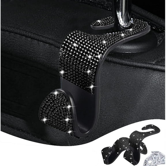 2 PCS Car Seat Headrest Hooks, B-ling Rhinestone Diamond Car Seat Hanger Backseat B-ling Car Headrest Hooks Hanger Back Seat Organizer for Purse Groceries Bag Handbag (Black)
