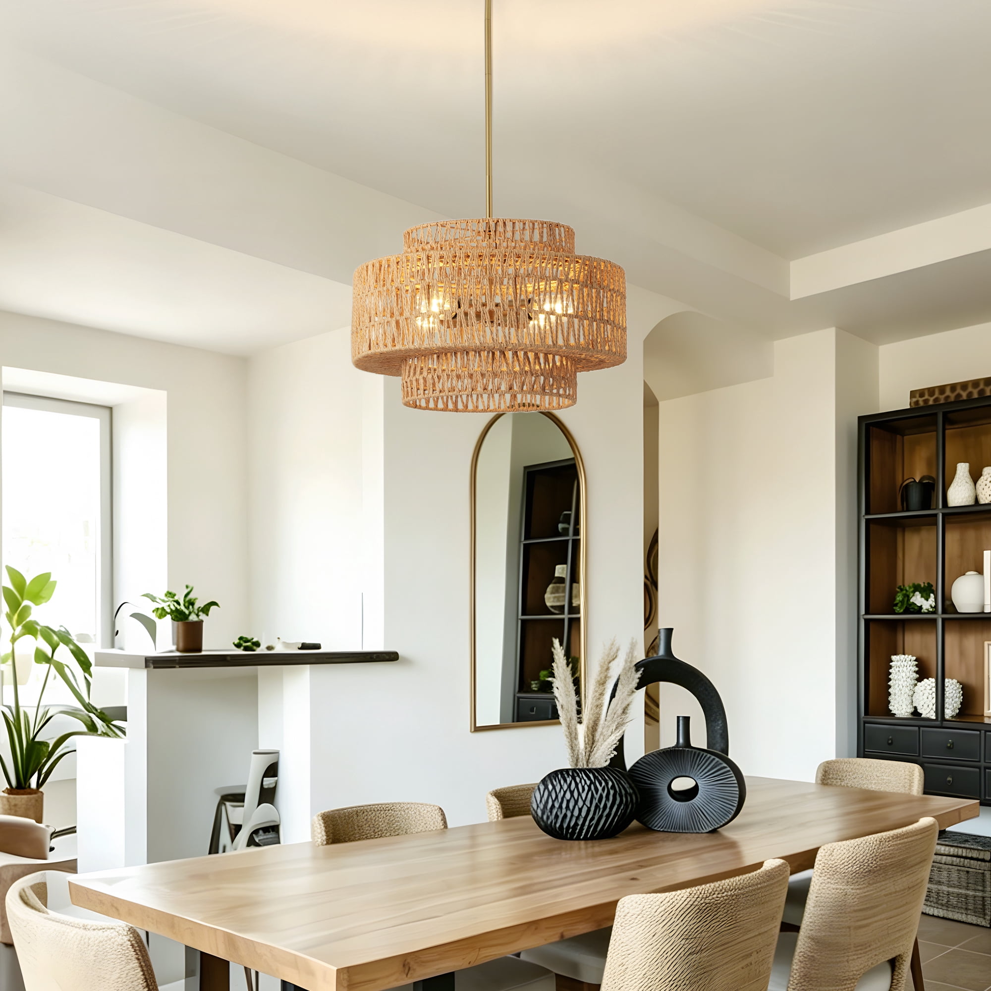Leumius 17.7" Boho Rattan Chandelier, 4-Light Hand Woven Wicker Pendant Light Fixture, Farmhouse Rustic Hanging Chandelier for Dining Room, Kitchen Island, Living, Bedroom