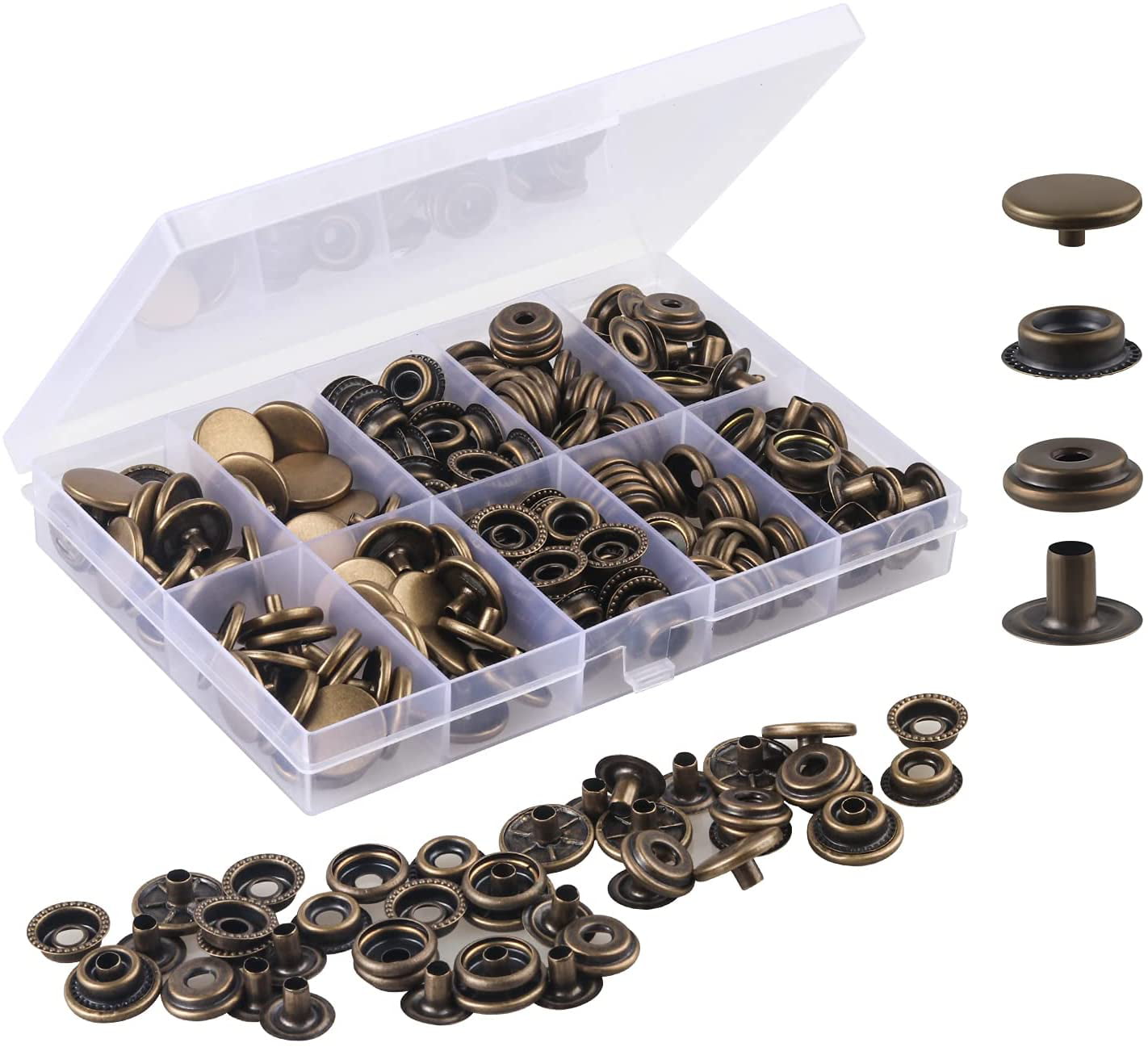 Fabric 200 Pcs 50 Sets Leather Snap Fastener Kit Tool 5/8 inches Clothes Snaps for Leather Press Studs Stainless Snap Buttons for Bag 15mm Jeans Silver+Bronze 