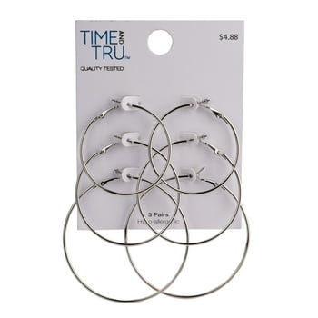 Time and Tru Female 3-On Imitation Rhodium Hoop Earring Set