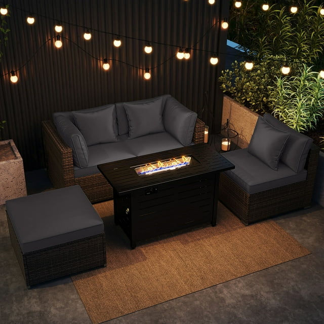 Costway 5 PCS Patio Furniture Set Heavy-duty Frame Rattan Sofa Set with 60,000 BTU Firepit Table Gray