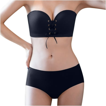 

JGGSPWM Front Lacing Non-slip Strip Strapless Underwear Gathering Wipe Chest Type Anti-slip Traceless Bra Women s Suit Black S