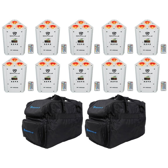 10 Rockville RF WEDGE WHITE RGBWA UV Battery Wireless DMX Up Lights Bags Remotes